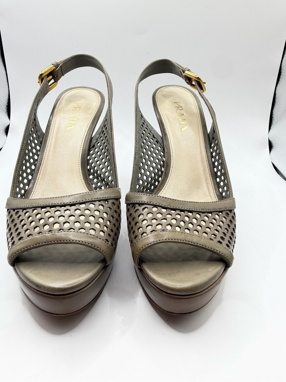 Prada Beige tan Perforated Leather Sling Back Heels Sandals Pumps Sz 37.5
